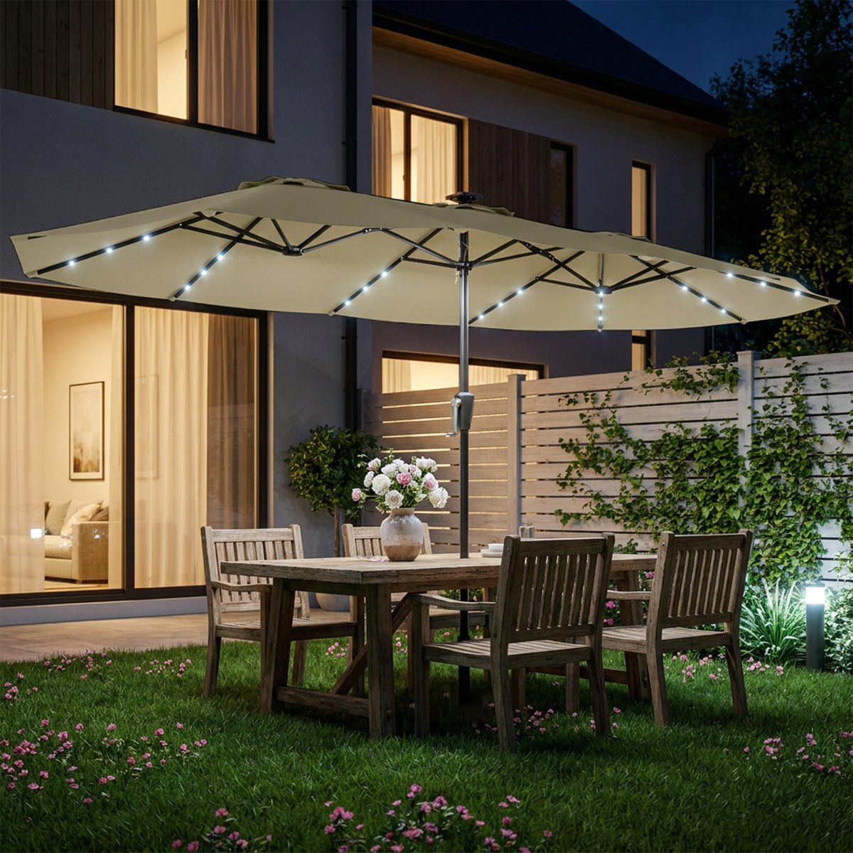 Outsunny Sombrilla Doble 4x2 M Con 36 Luces Led Manivela Upf50+ Beige_1
