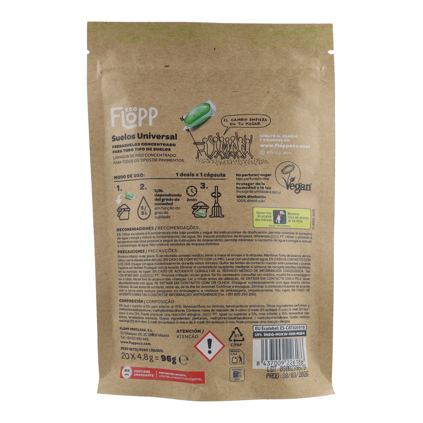 Limpia Suelos Universal BIO Eco Pack Flopp, 20 cápsulas