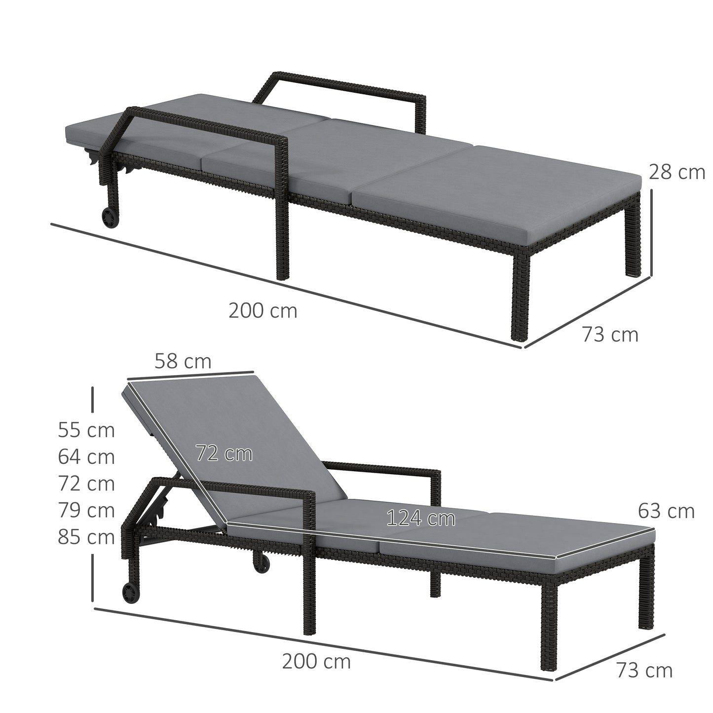 Outsunny Pack De 2 Tumbonas De Ratán Con Respaldo Ajustable 73x200x48cm Gris_2