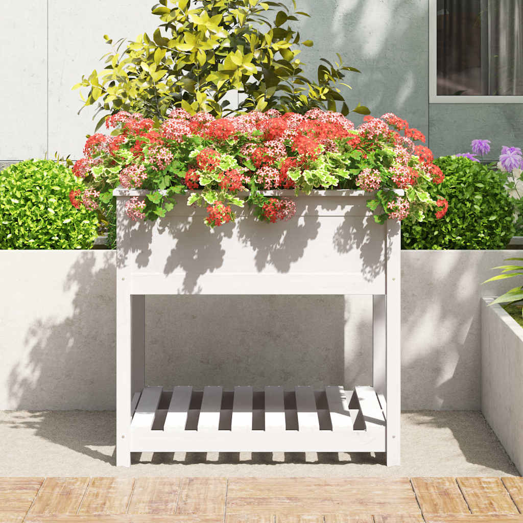 Jardinera Con Estante Madera Maciza Pino Blanca 82,5x82,5x81 Cm_2