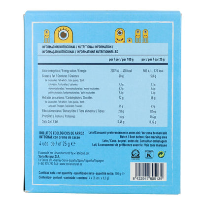 Rolinhos de arroz com creme de cacau Soria Natural 4 x 25 g