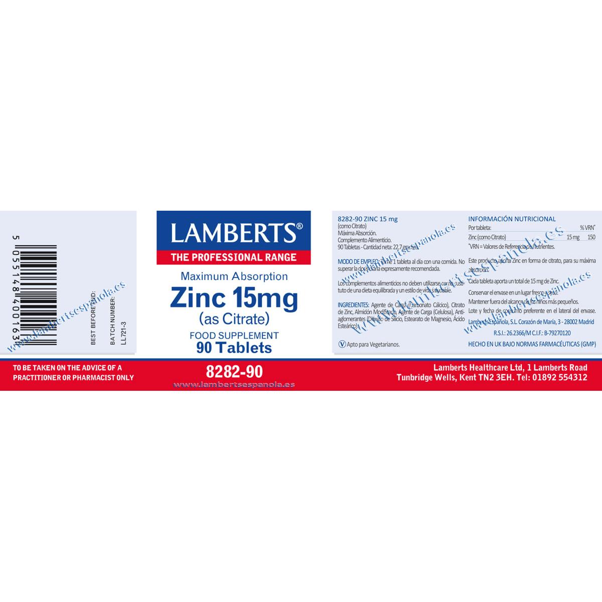 Zinco 15 mg, Lamberts 180 comprimidos