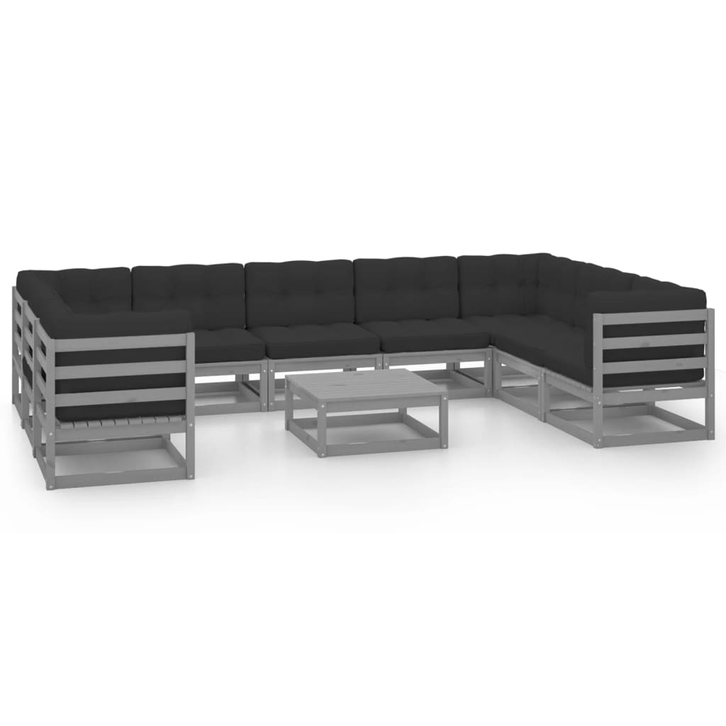 Juego De Muebles De Jardín 10 Pzas Y Cojines Gris Madera Pino / Vetonek_4