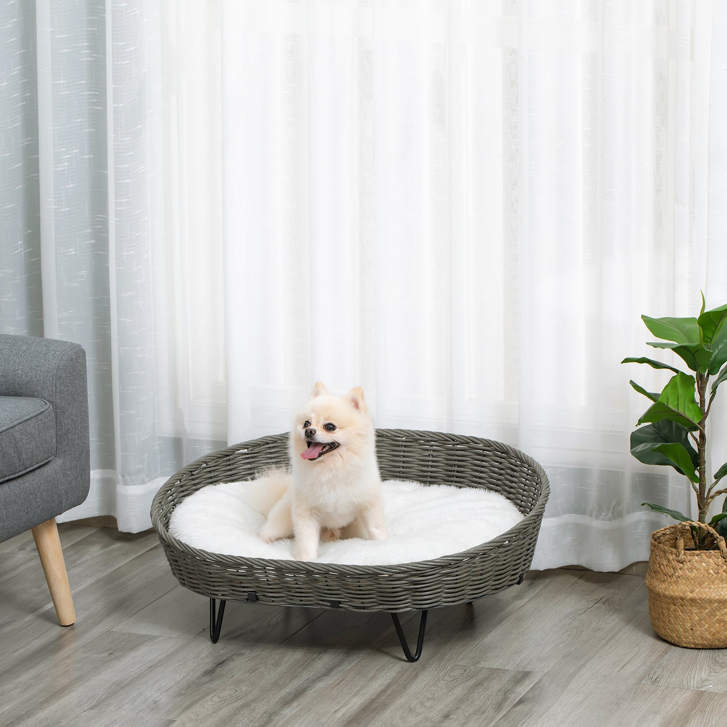 Pawhut Cama Para Perros Gatos De Mimbre Con Cojín Lavable 76x59x32cm Gris Blanco_1