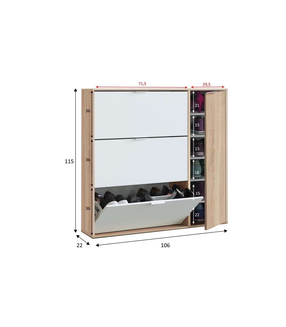 Zapatero Con 4 Puertas Maty Roble Canadian Y Blanco 115 Cm (alto) X 106 Cm (ancho) X 22 Cm_3