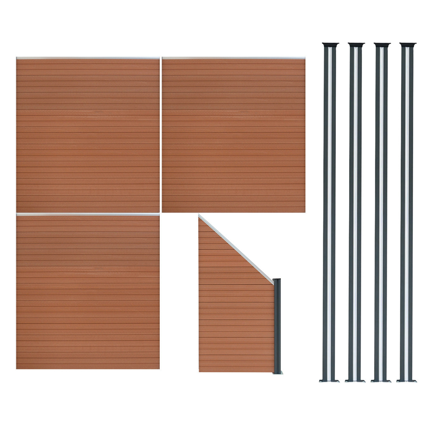 Vallas Para Exteriores De Wpc Y Aluminio - 3x Paneles Cuadrados + 1x Oblicuo + 4x Postes Con Led | Marrón_0