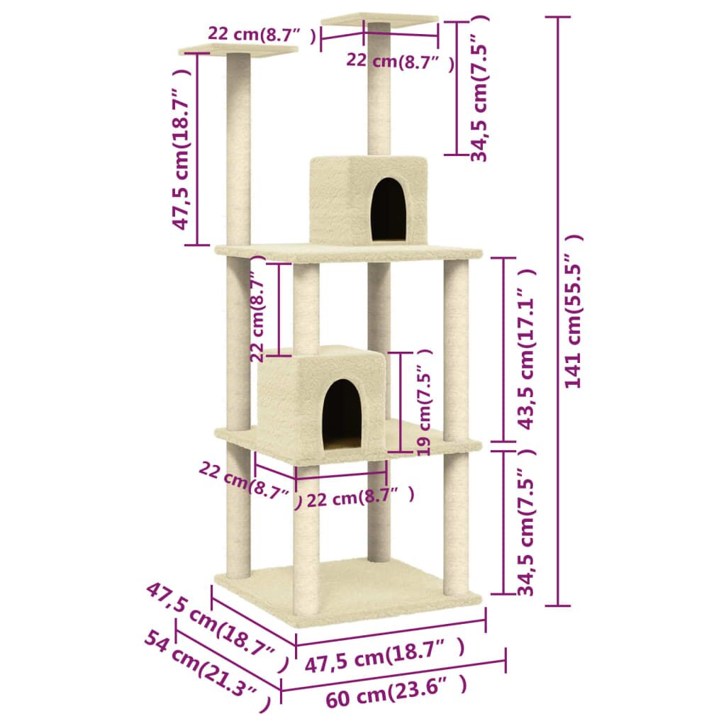 Vidaxl Rascador Para Gatos Con Postes De Sisal Color Crema 141 Cm_2