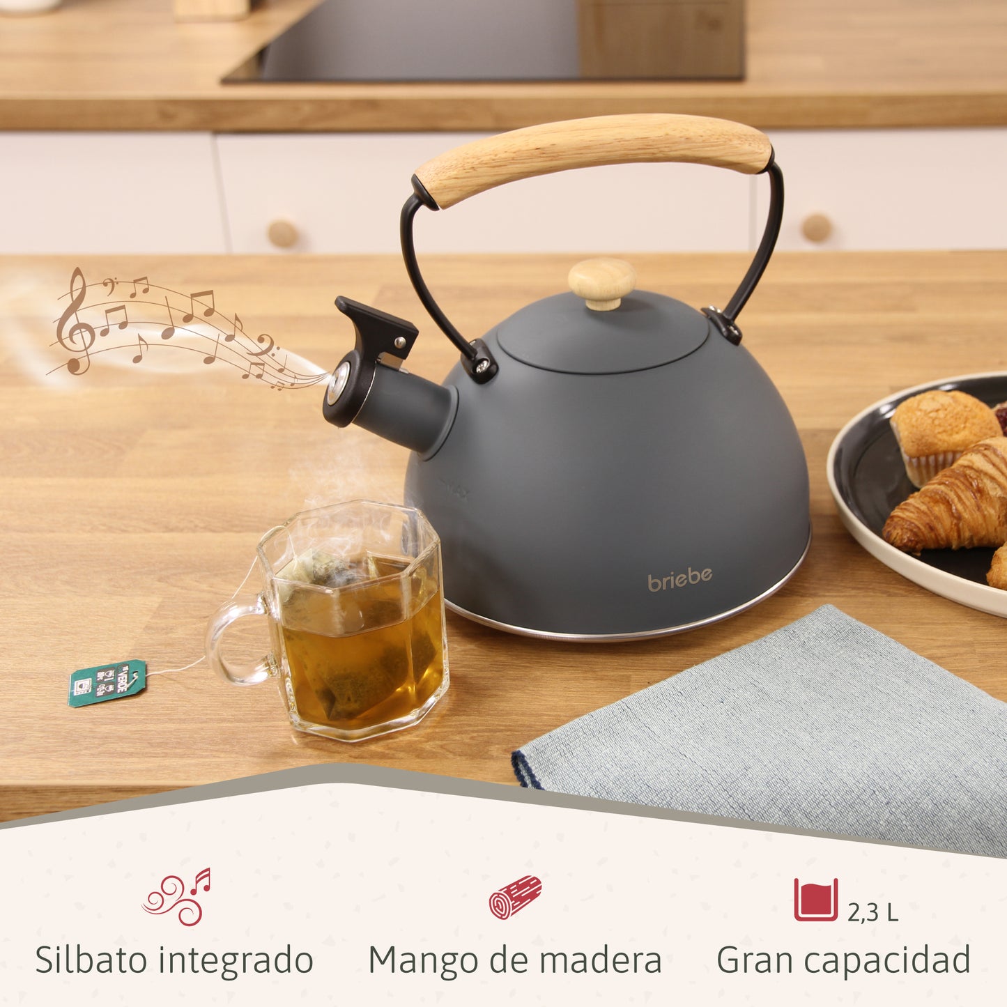 Briebe Nordic Set Tostadora Pan Ranura Ancha 2 Rebanadas + Tetera 2,3l Acero Inox, Inducción Libre Bpa, Skt1177gry, Gris_3