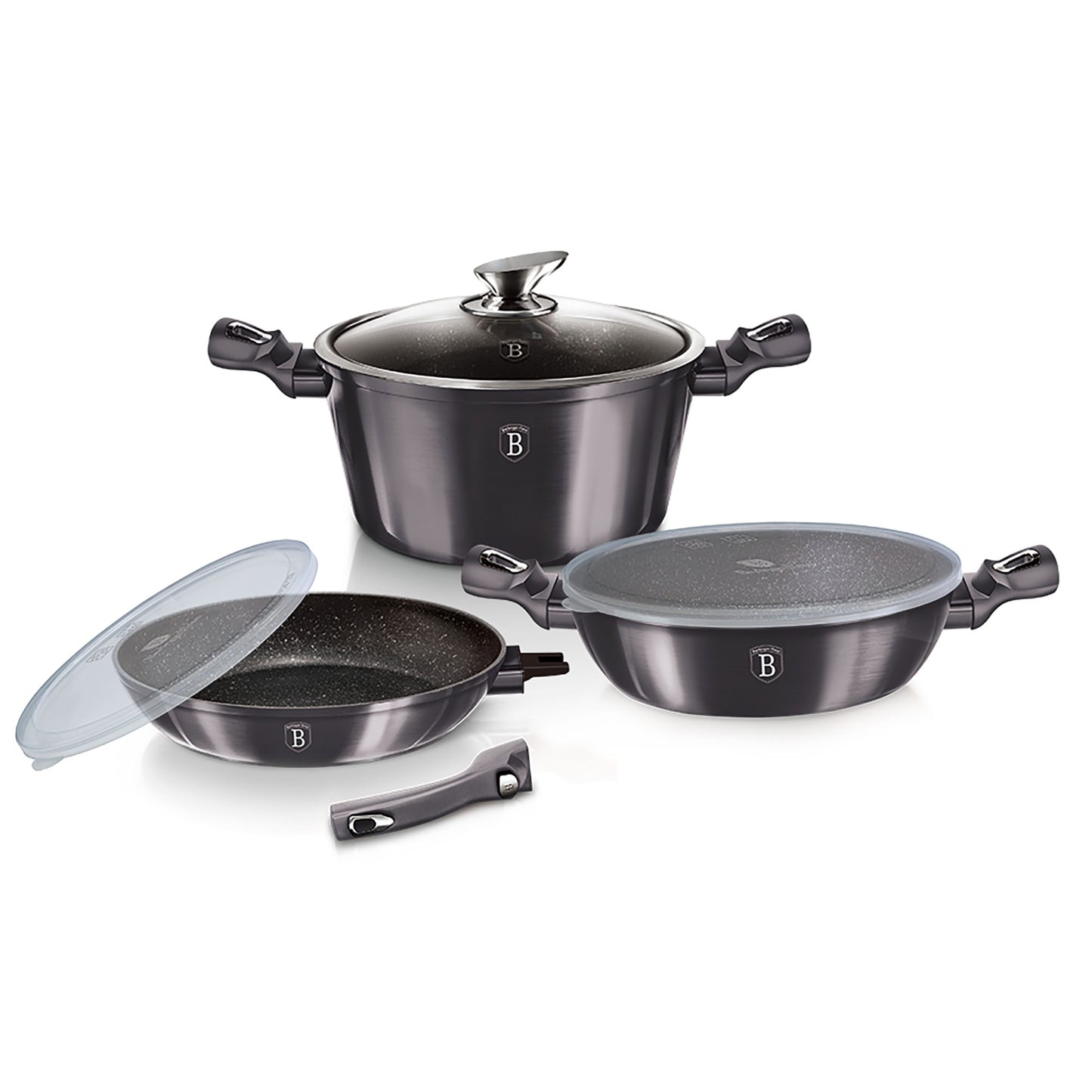 Batería De Cocina Aluminio Forjado Antiadherente Sin Pfoa, Set 2 Cacerolas, 1 Sartén, Tapas Berlinger Haus Carbon Pro Gris Oscuro_4