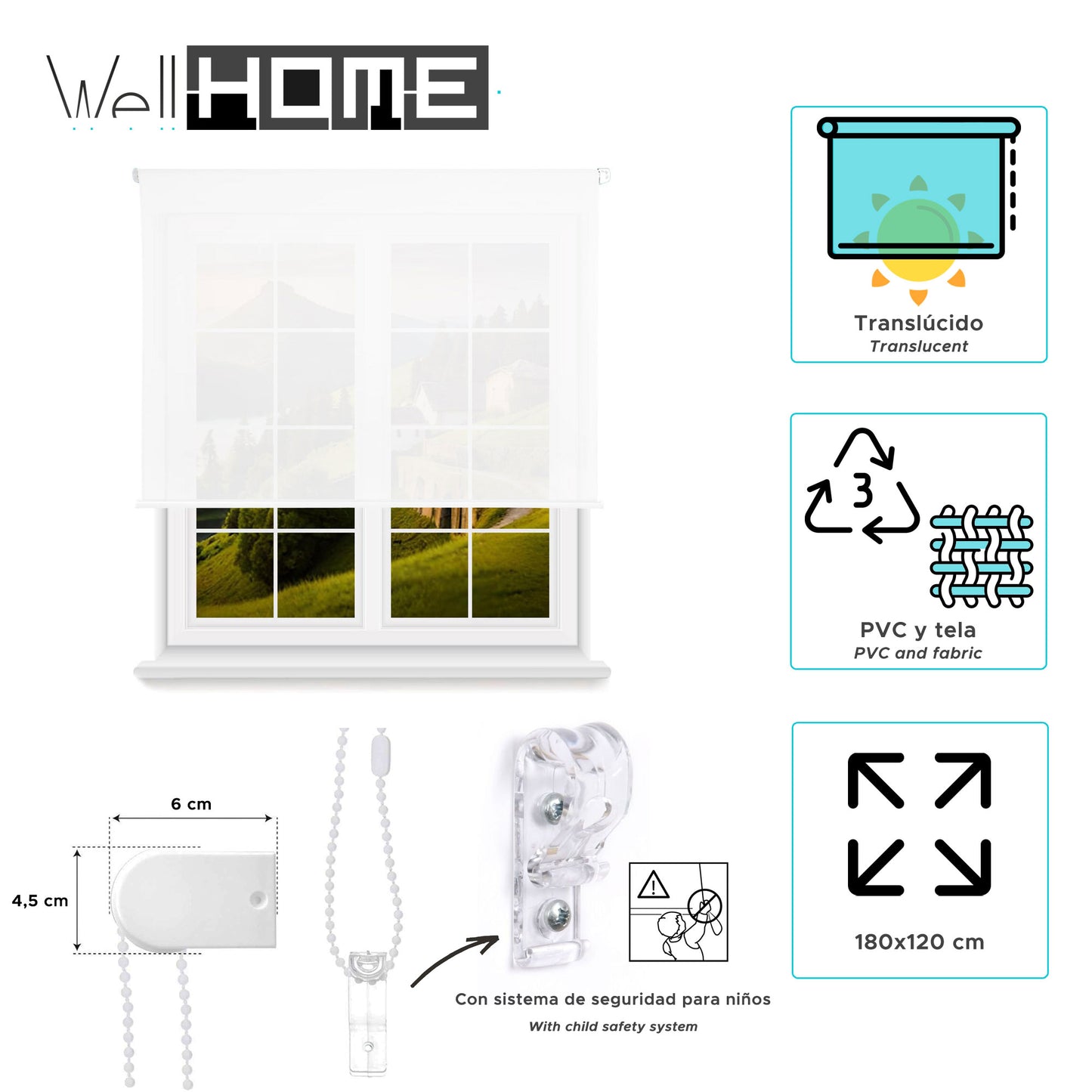 Estor Blanco 180x120cm Translúcido Enrollable Wellhome_1