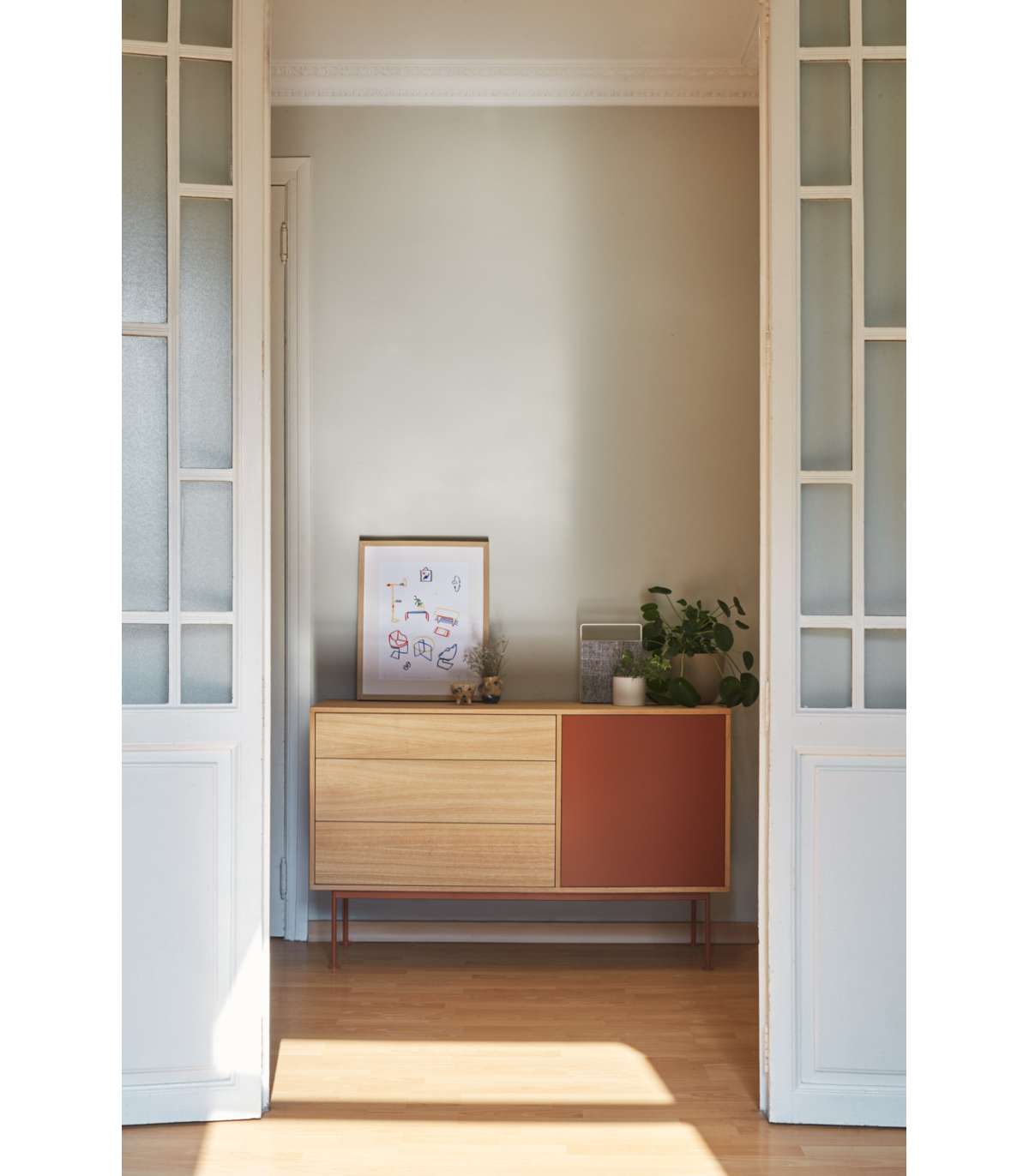 Mueble Aparador Modelo Yoko 1 Puertas 3 Cajones Acabado Roble/teja, 45cm(ancho) 80cm(alto)_4