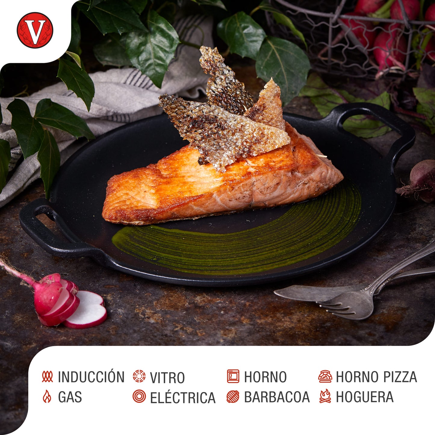 Victoria Plancha Cocina Para Pizza Hierro Fundido Esmaltado Inducción Sartén 25cm Fuego, Barbacoa, Horno, 38328, Negro_3
