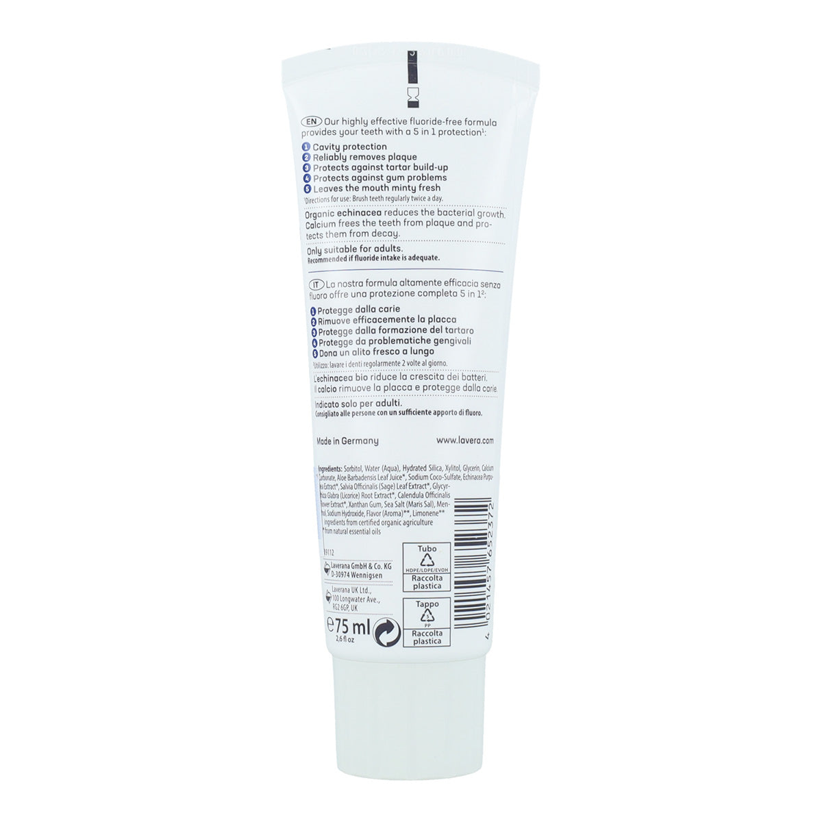 Pasta de dentes cuidado completo sem flúor, equinácea BIO e cálcio, Lavera 75 ml