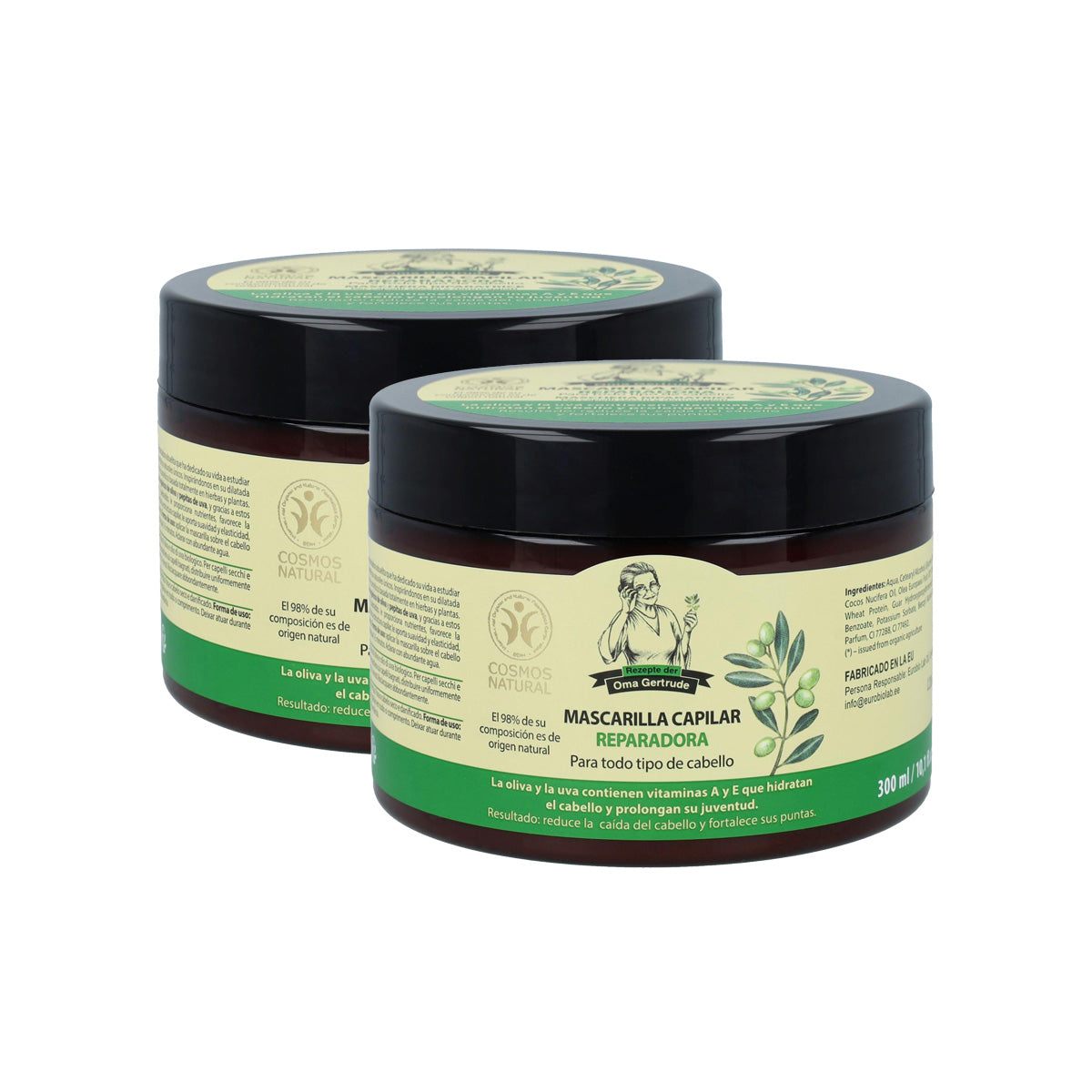 Embalagem de 2 máscaras capilares para reparação e nutrição de cabelos secos e danificados, Oma Gertrude, 300 ml