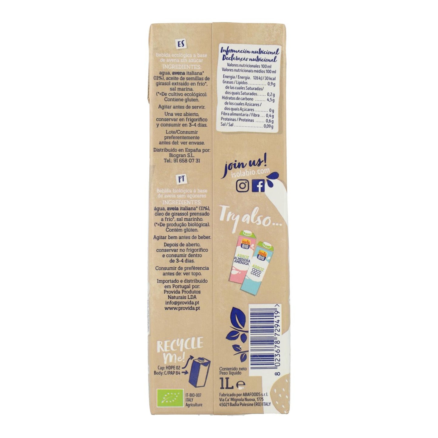 Bebida de Aveia Biológica 0% Açúcar, 1L. Isola Bio