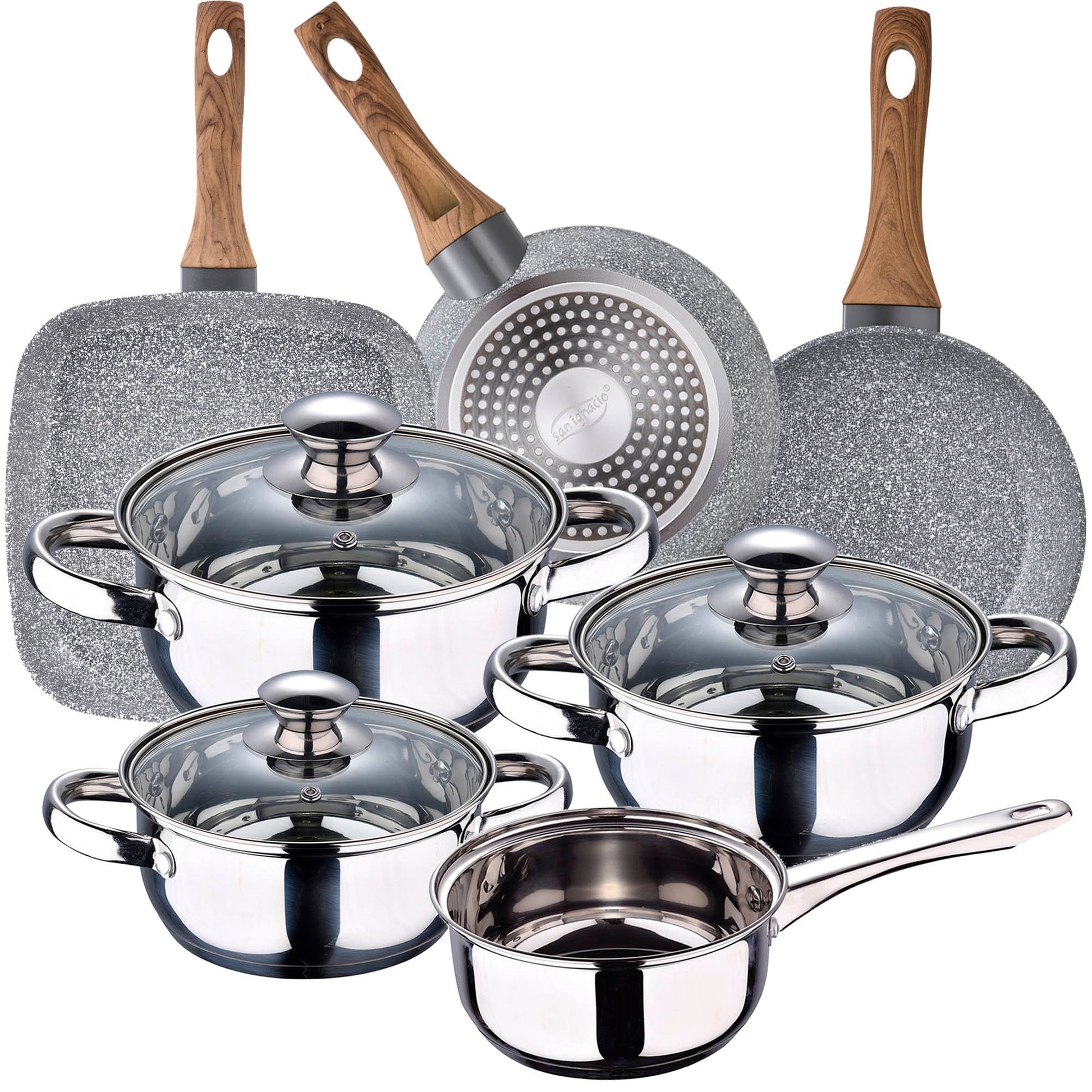 Batería de Cocina San Ignacio 7 Pzas Acero Inox + Sartenes y Grill ¡Calidad y Estilo!
