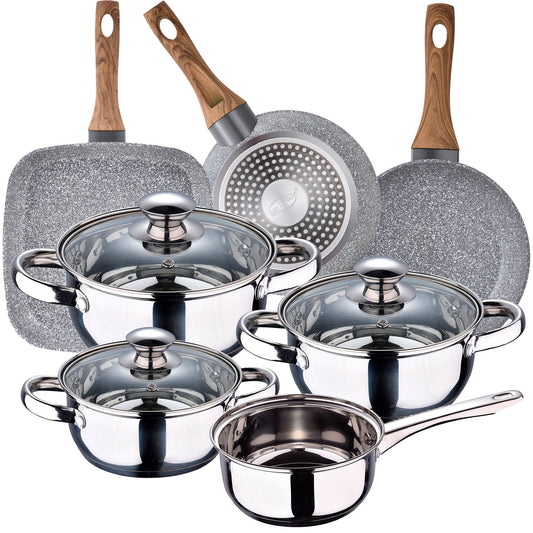 Batería de Cocina San Ignacio 7 Pzas Acero Inox + Sartenes y Grill ¡Calidad y Estilo!