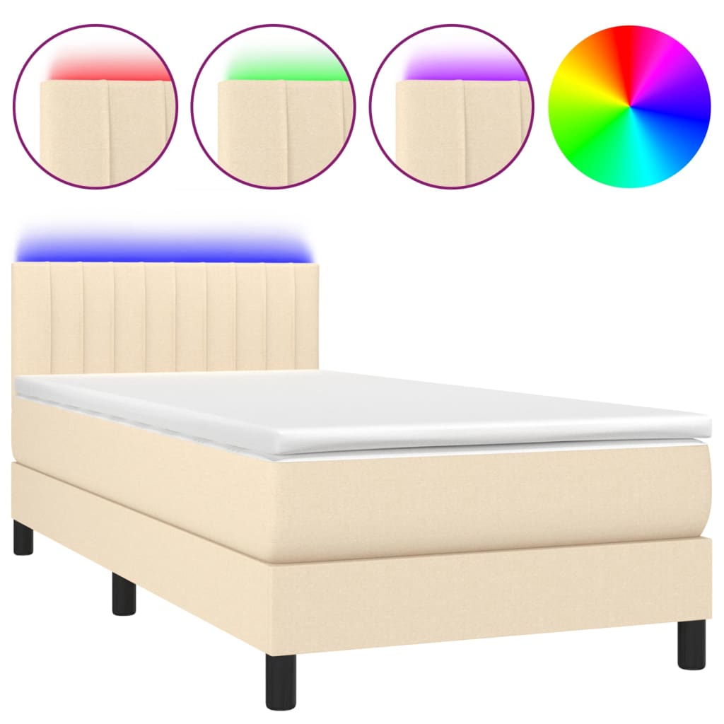 Cama Box Spring Colchón Y Luces Led Tela Color Crema 90x190 Cm / Vetonek_0