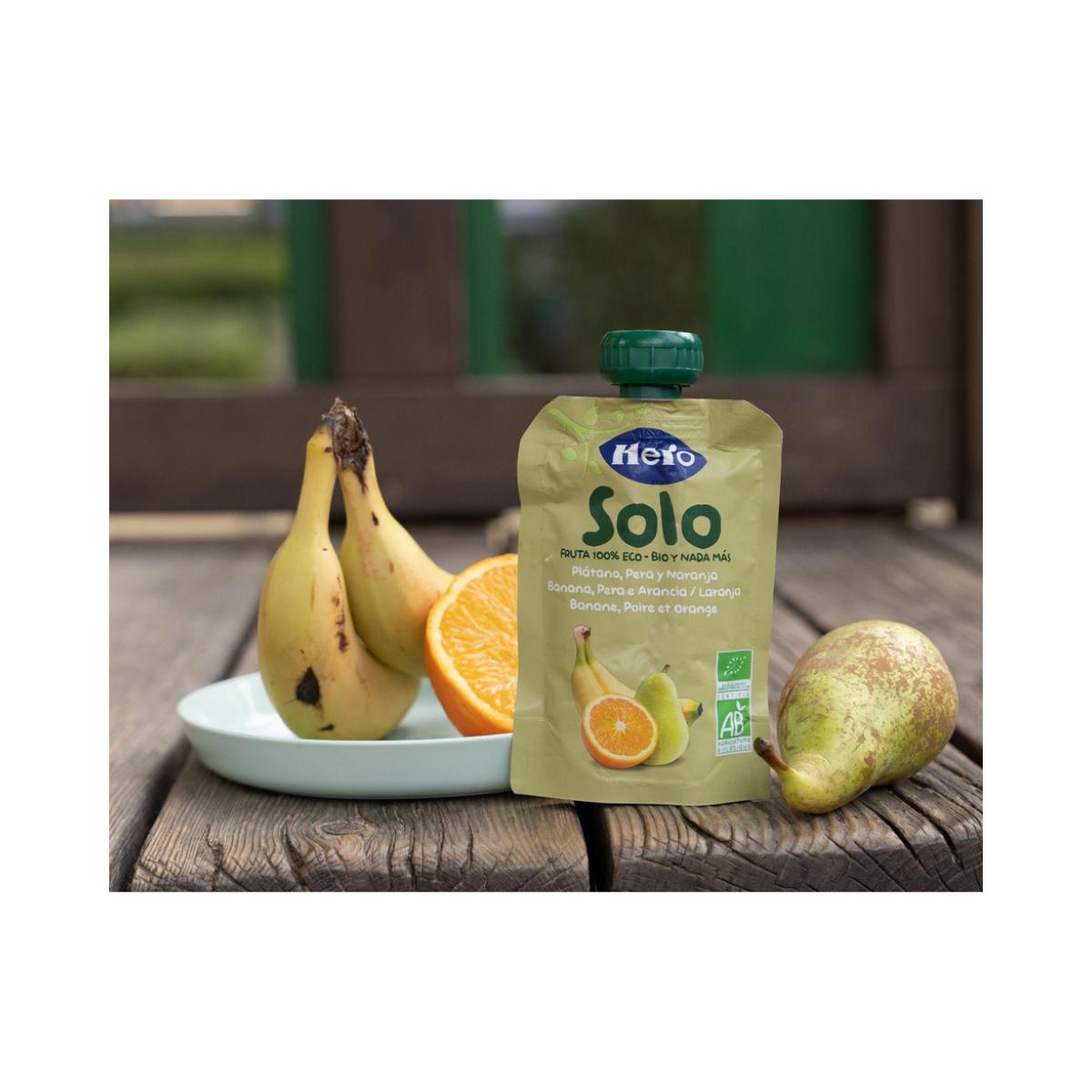 Saco de Fruta 100% Biológico Sabor Banana, Pêra e Laranja 4x100 g - Hero Solo