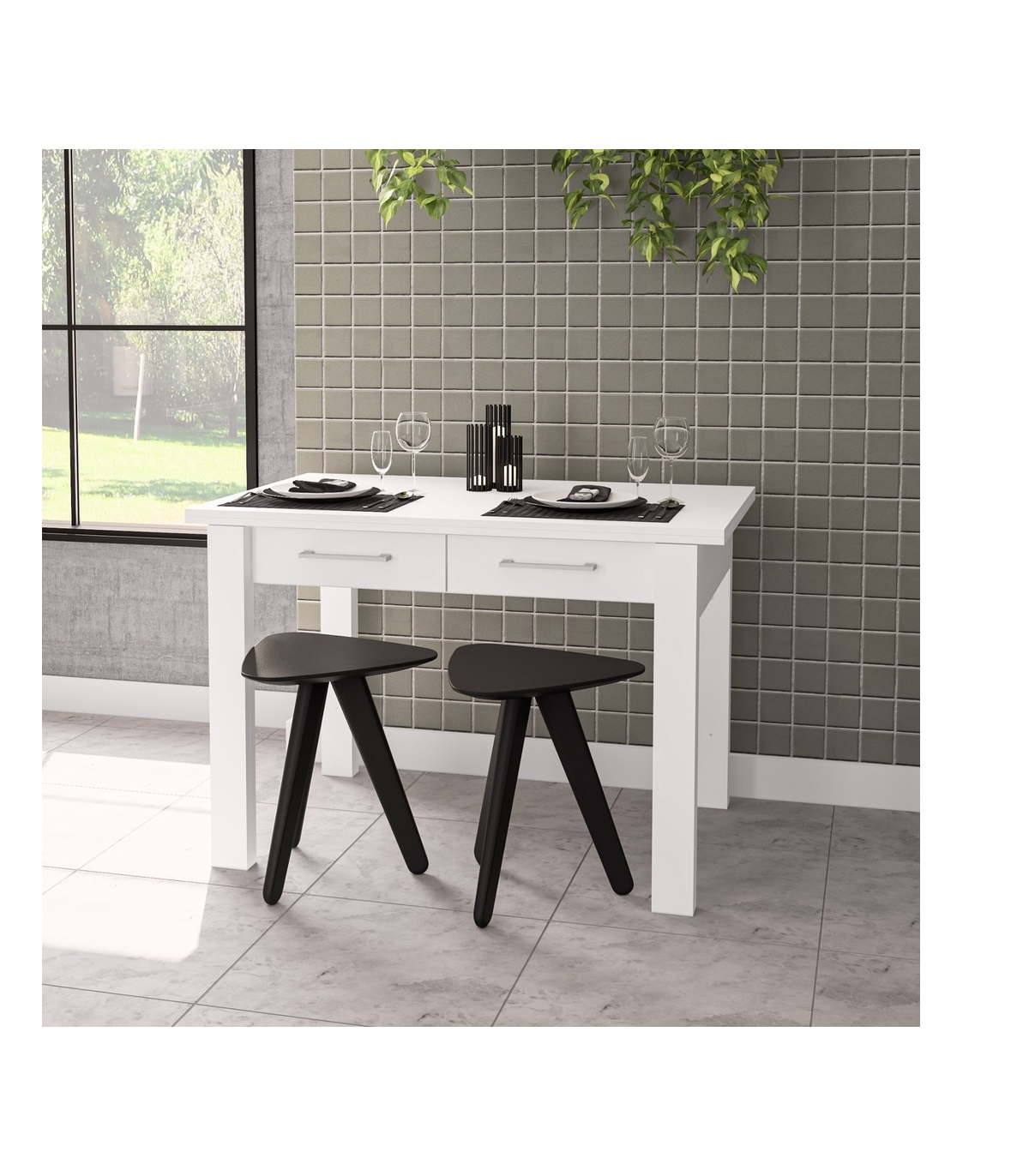 Mesa Para Cocina, Comedor Abatible 2 Cajones Md-bety Acabado Cristal Blanco, 110cm(ancho)_2