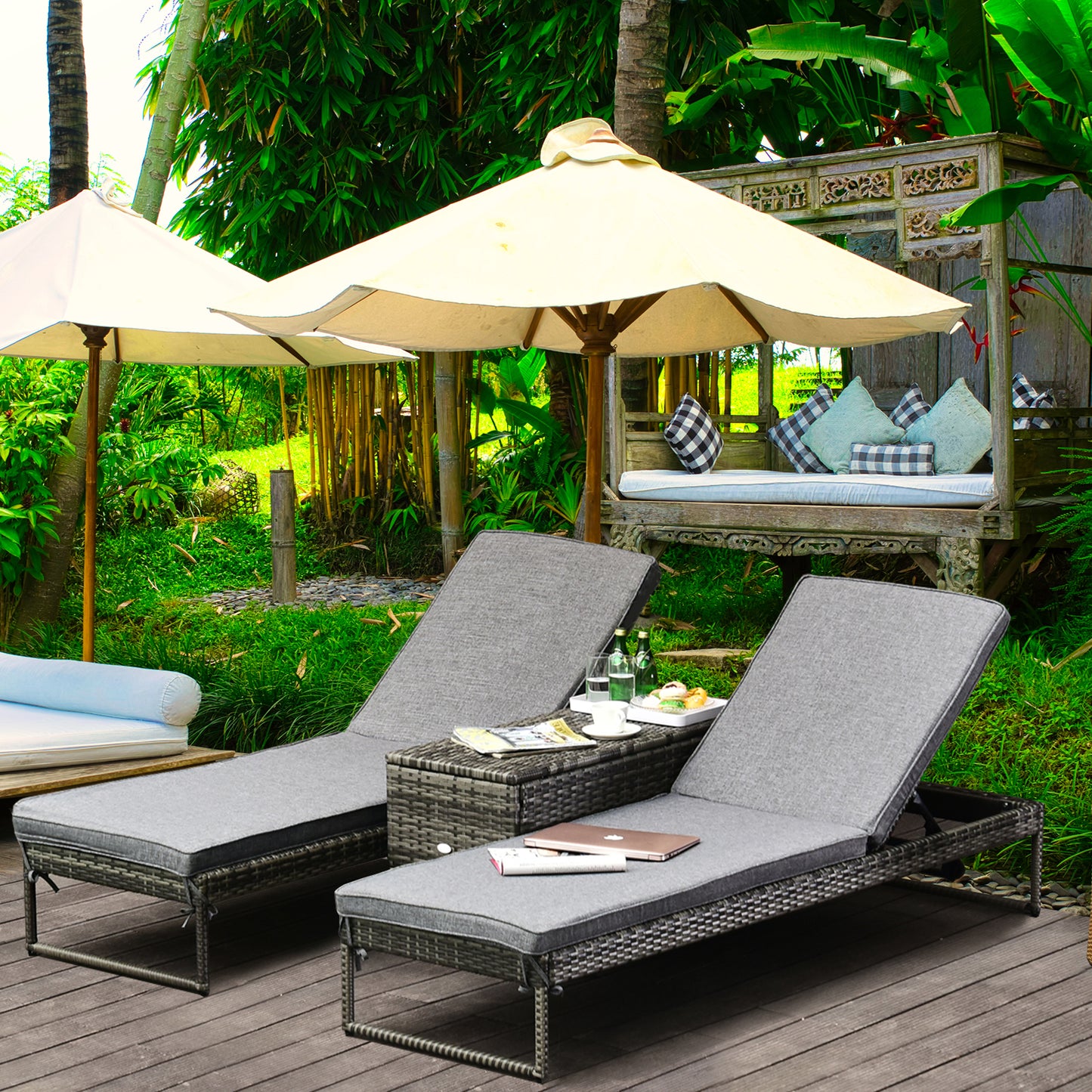 Outsunny Conjunto De 2 Tumbonas De Terraza Con Mesa Ratán 195x60x86 Cm Gris_1