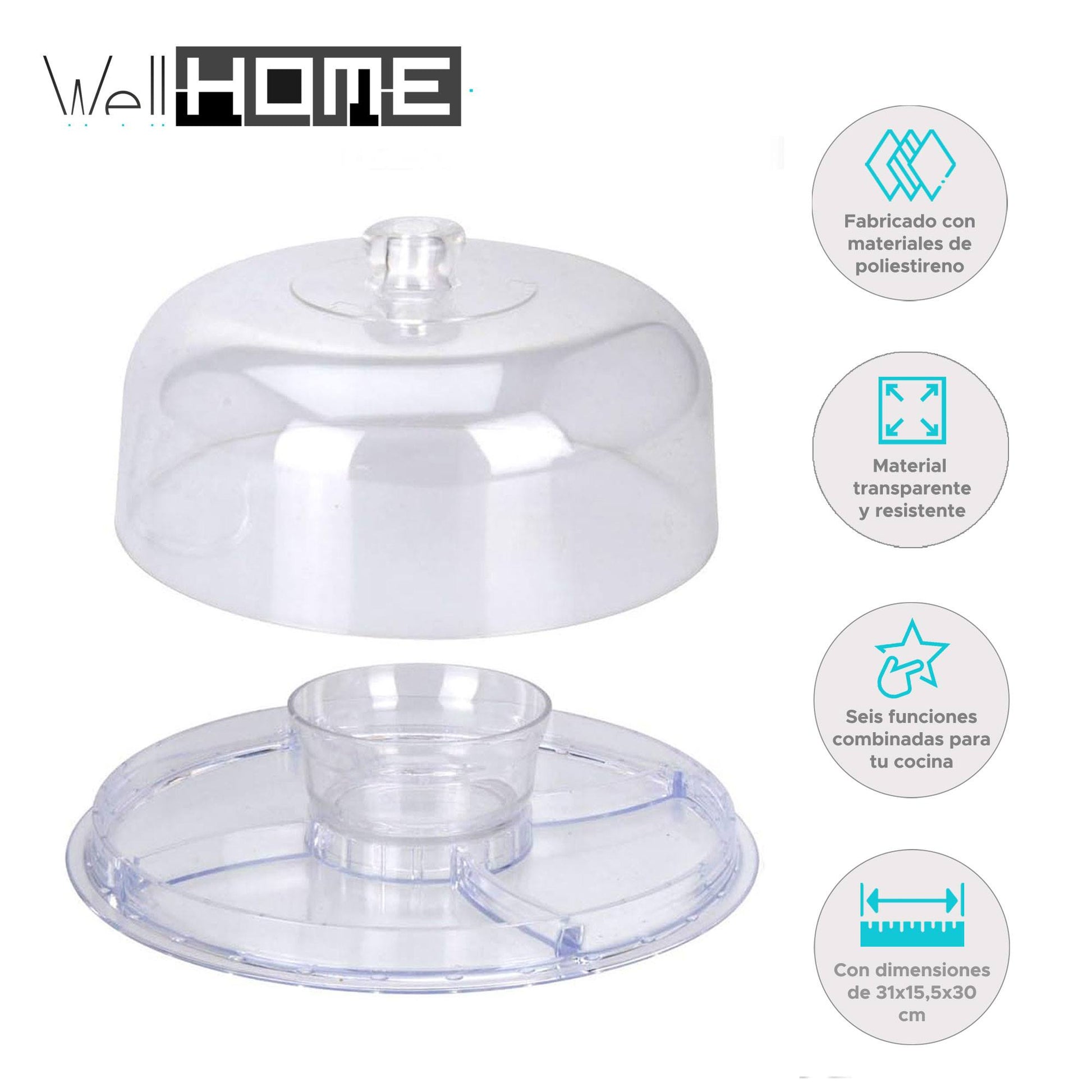 Well Home Plato Para Tarta Con Cúpula Multifuncional De 6 Usos, Material Ps Transparente Ø30,5 Cm_1