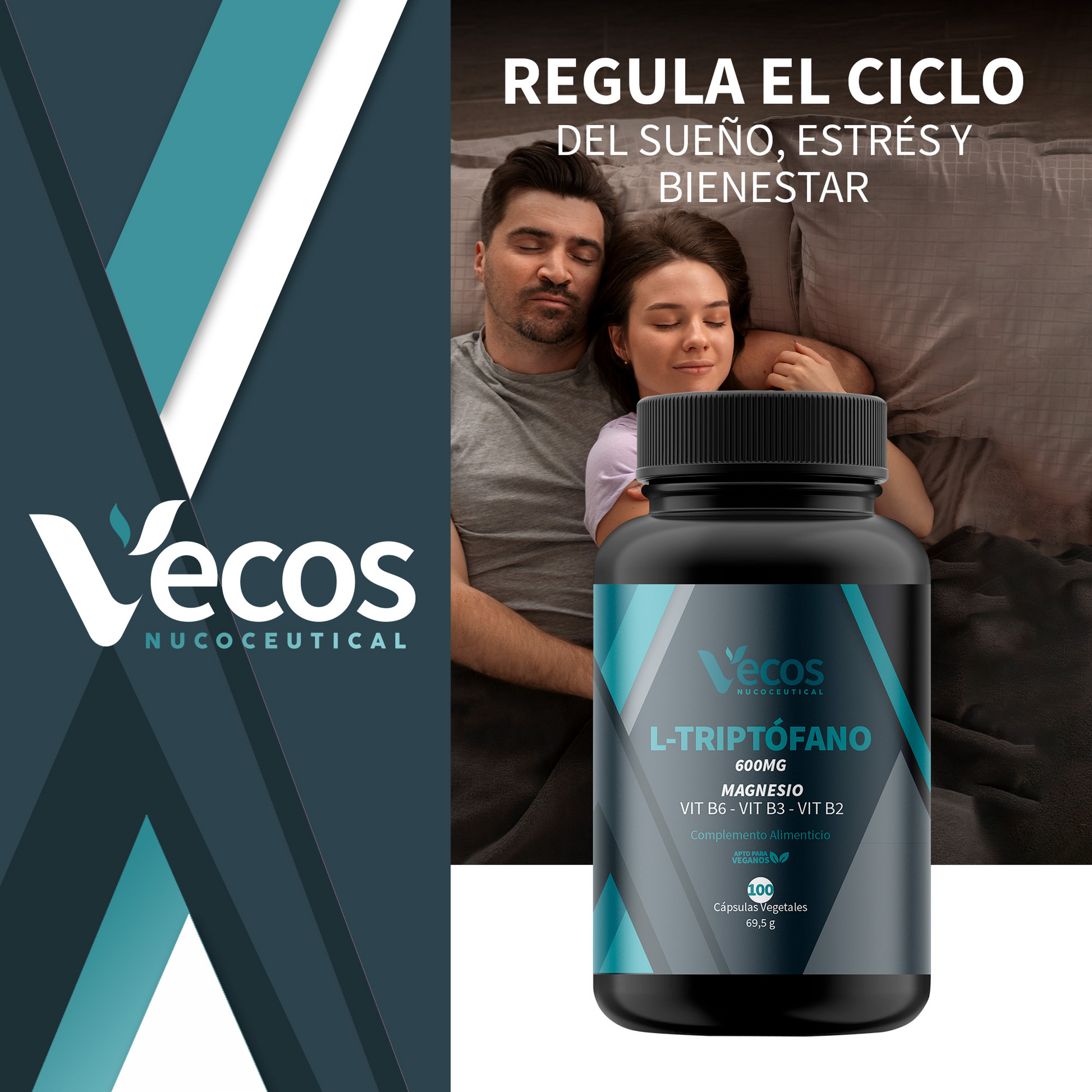 L-triptófano 600 Mg Vecos 100 Cápsulas | Relajación, Descanso Y Equilibrio Emocional | Con Magnesio Y Vitaminas B_1