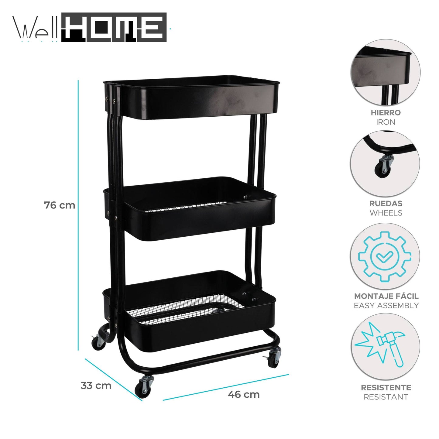 Carro De Cocina De Hierro Negro Con Ruedas Y 3 Cajones - Well Home_1