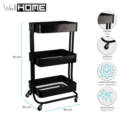 Carro De Cocina De Hierro Negro Con Ruedas Y 3 Cajones - Well Home_1