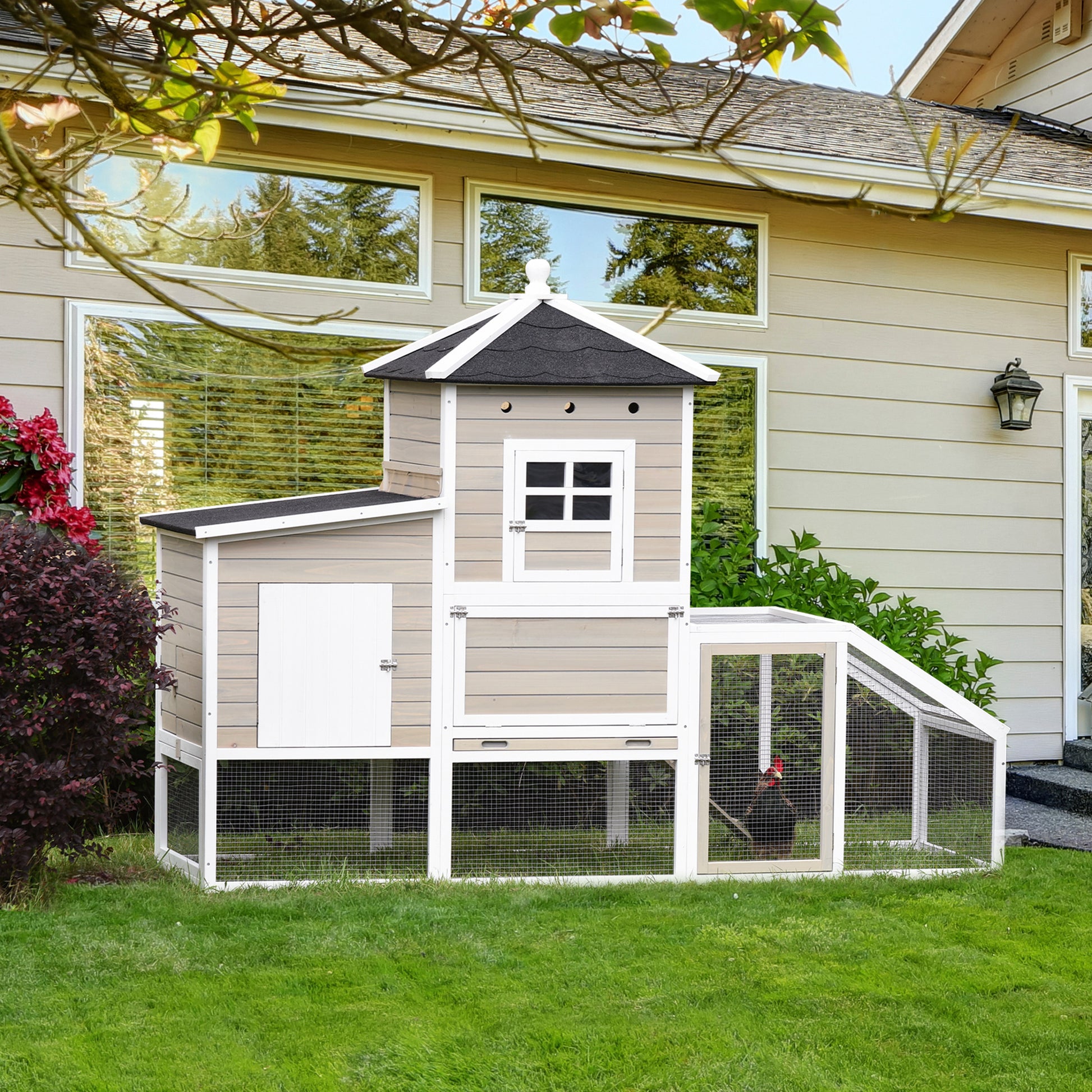 Pawhut Gallinero De Madera Exterior Con Caseta De 2 Niveles Zona Abierta Nido Y_1
