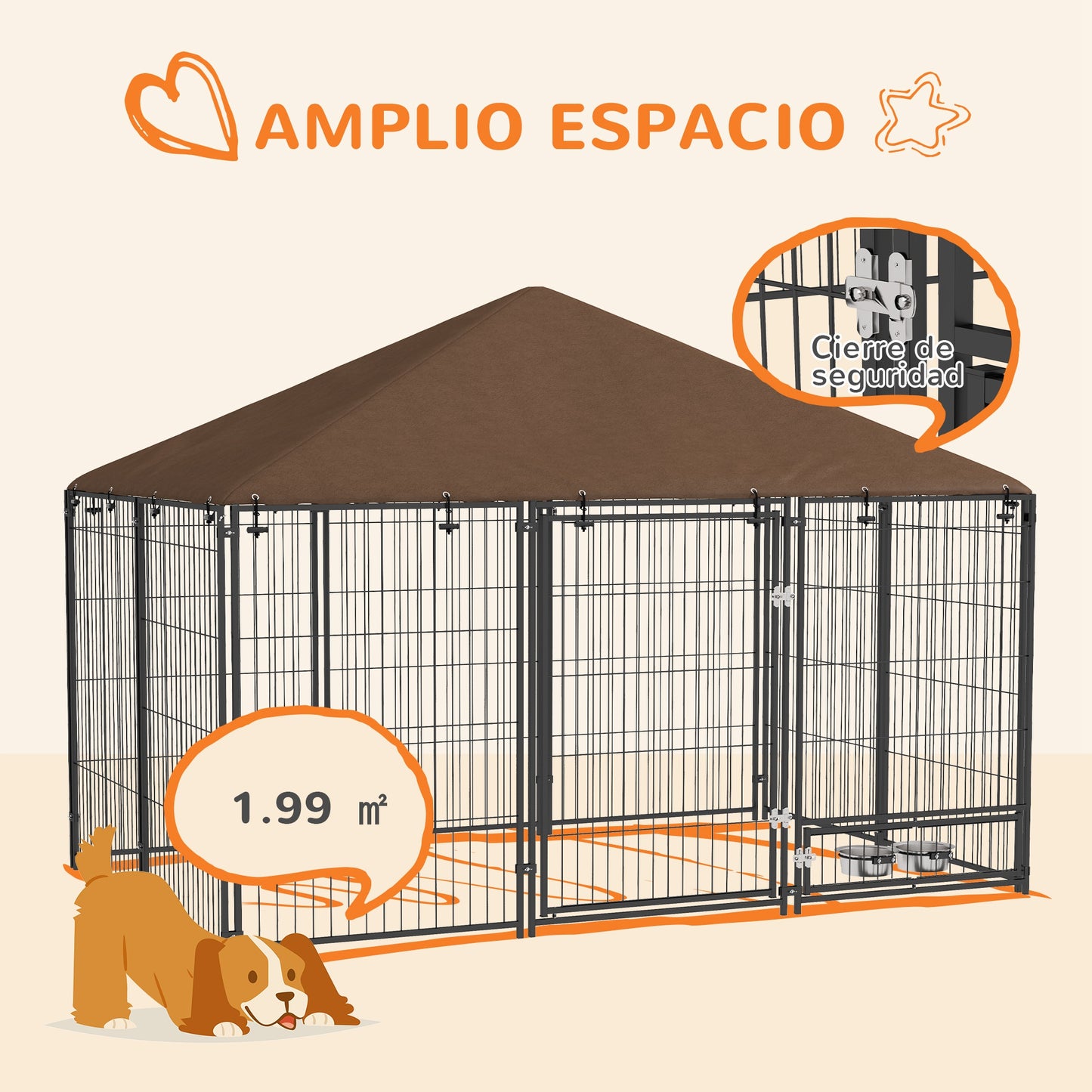 Pawhut Perrera Con Toldo Y 2 Cuencos Para Exterior 211x141x151 Cm Negro_3