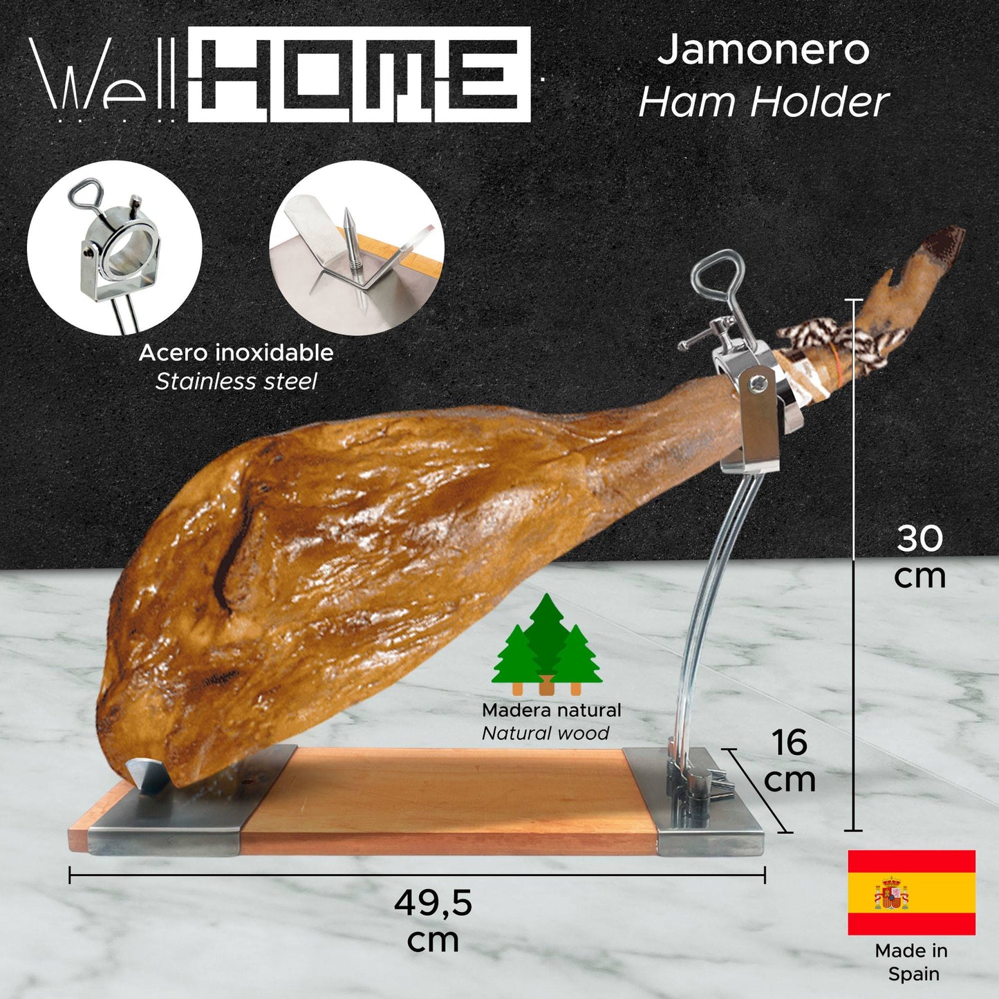 Well Home Jamonero Iberia Luxe Con Cabezal Giratorio, Base De Madera Y Acabados En Acero Inoxidable_1