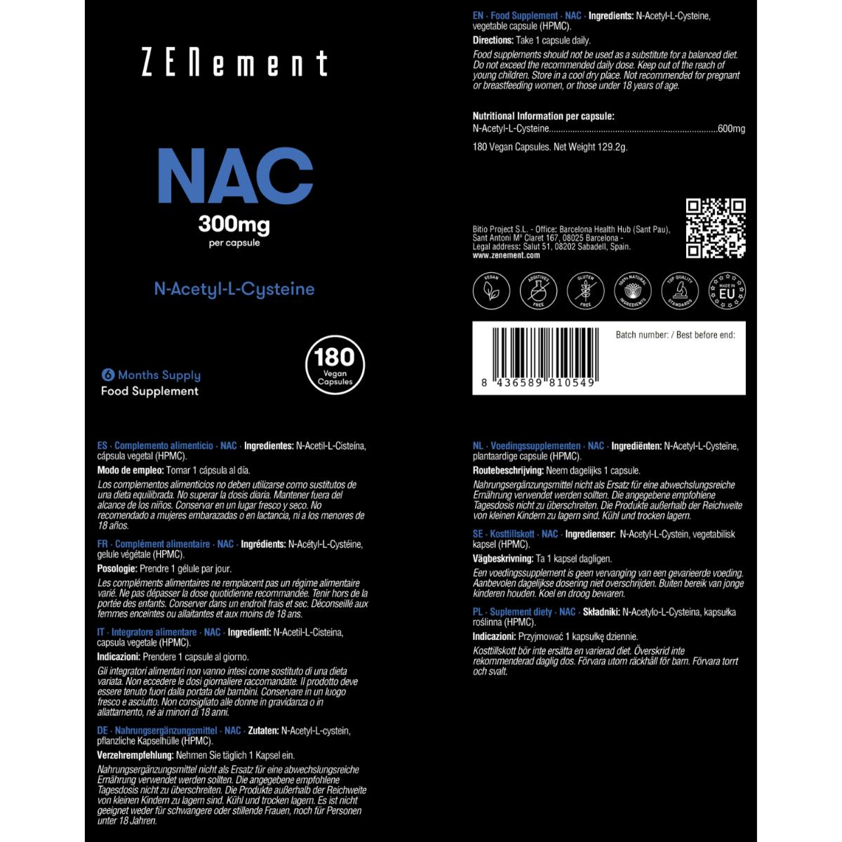 NAC N-Acetil-Cisteína, 600 mg Zenement, 180 comprimidos vegan