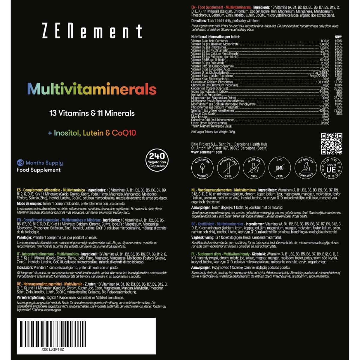 Multivitamínico, com todas as vitaminas e minerais + inositol, coenzima Q10 e luteína Zenement, 240 comprimidos