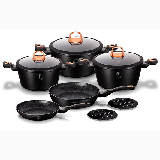 Batería Cocina Inducción 10 Piezas, Antiadherente Mármol Sin Pfoa, Aluminio, Cazuelas Sartenes Berlinger Haus Black Rose Negro_0