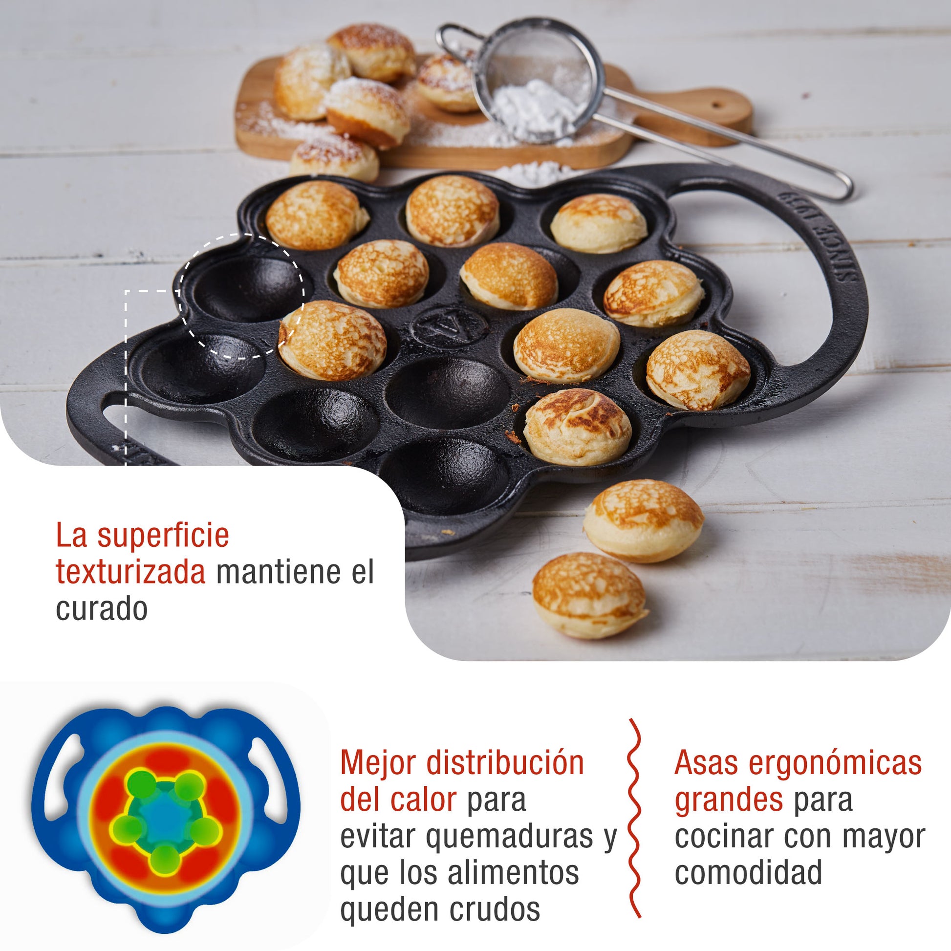 Victoria Sartén Hierro Fundido Curado Mini Pancakes, Poffertjes, Provoletera, Apta Inducción, Barbacoa, 36.225, Negro_2