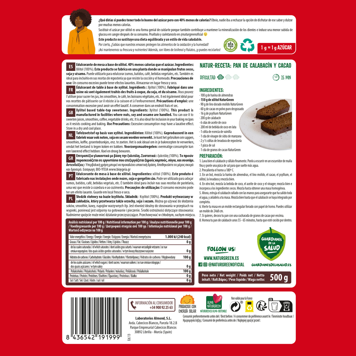 Açúcar de Bétula Naturgreen Xilitol 500 g