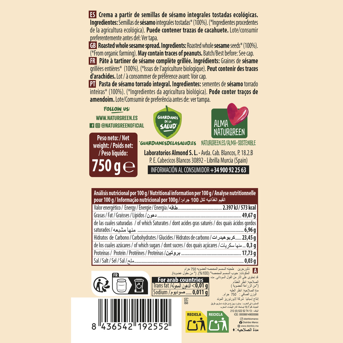 Embalagem de 2 Tahine Torrado Naturgreen 2 unidades de 800 gr