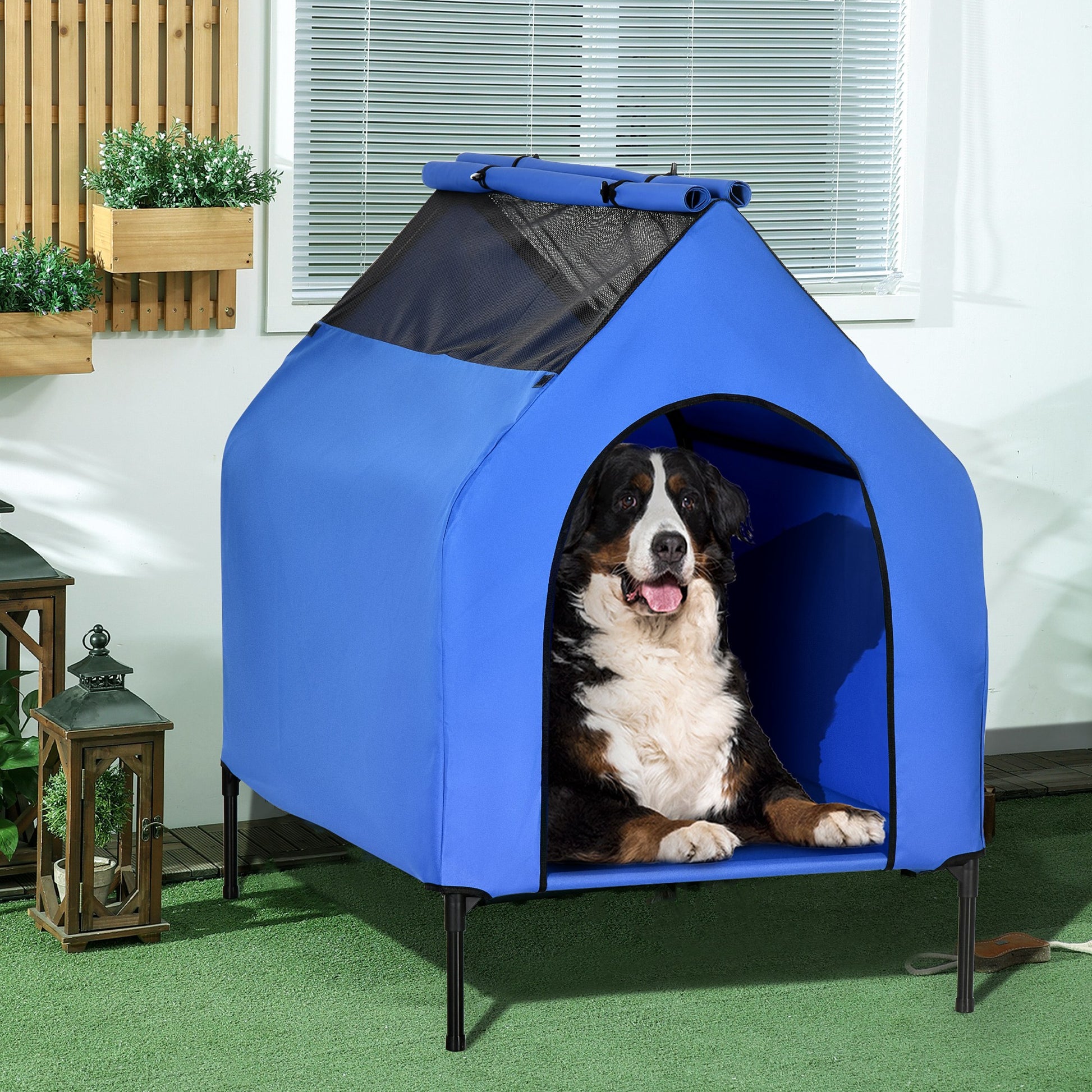 Pawhut Caseta Para Perros 130x85x121 Cm Con Cubierta Desmontable Y Ventanas Azul_1