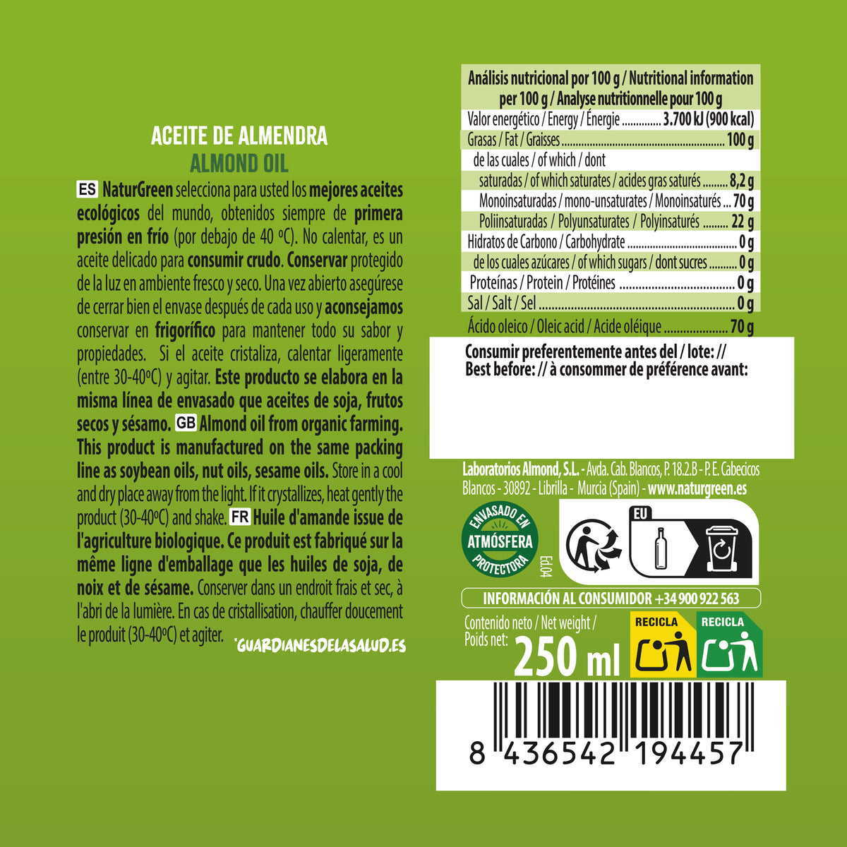 Óleo de Amêndoa Biológico NaturGreen 250 ml
