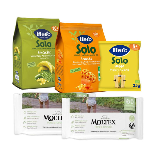 Pacote de lanche de cenoura e milho Hero + lanche de milho e aveia Hero + lanche de ervilha e milho Hero + 2 toalhitas Moltex Pure &amp; Nature