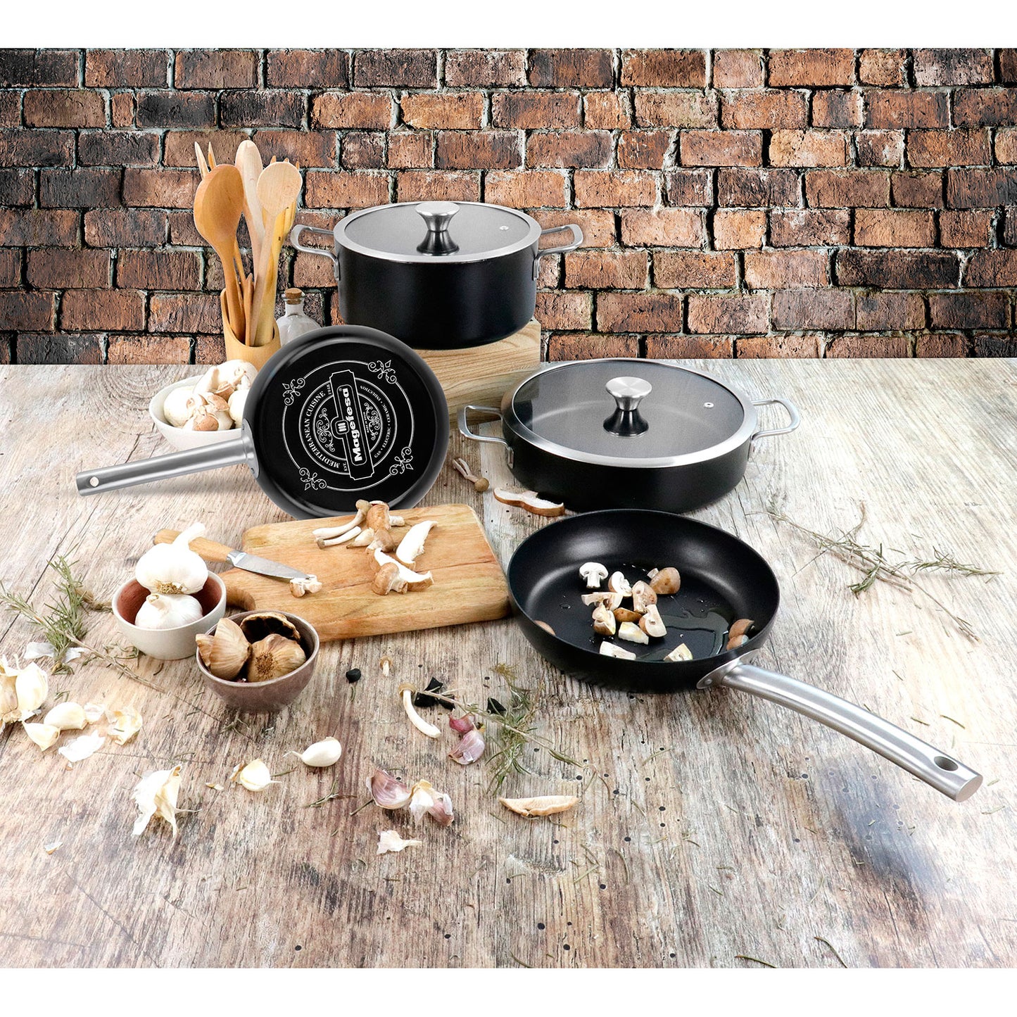 Batería Cocina Inducción 6 Piezas, Antiadherente Libre Pfoa Exterior Negro Mate Retro Vintage Magefesa Ares, Negro_2