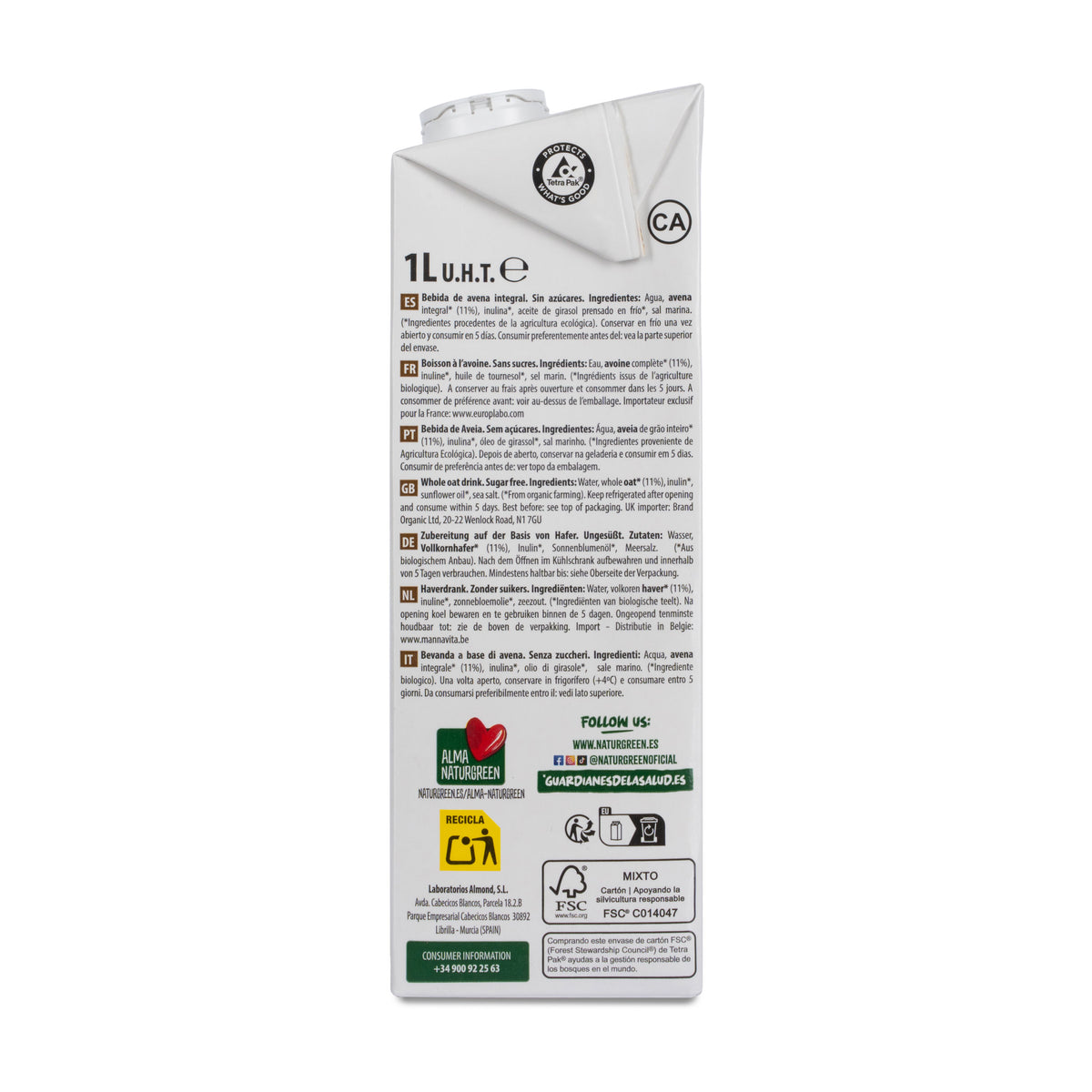 Embalagem de 6 unidades de Bebida de Aveia Integral 0% Açúcares Bio NaturGreen 1 L
