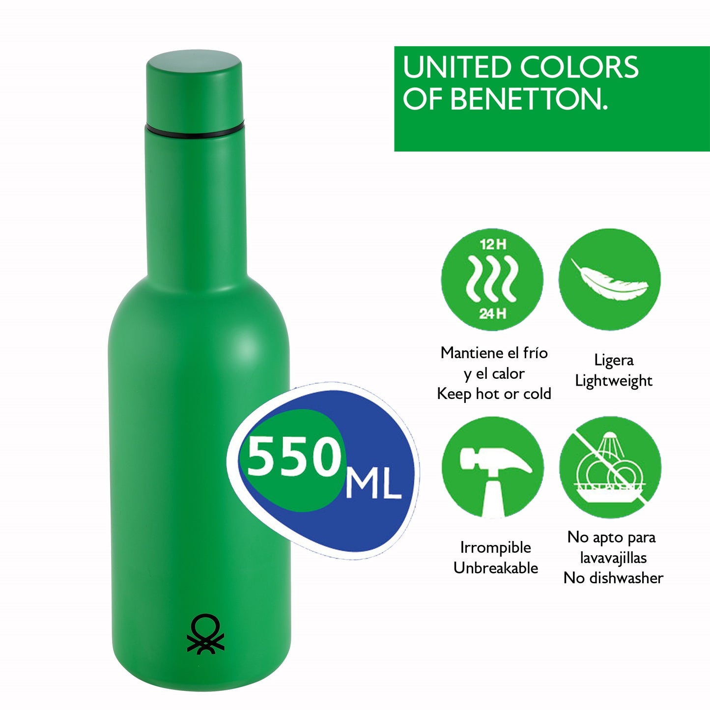 Botella De Agua 550ml Acero Inoxidable Verde Casa Benetton_1