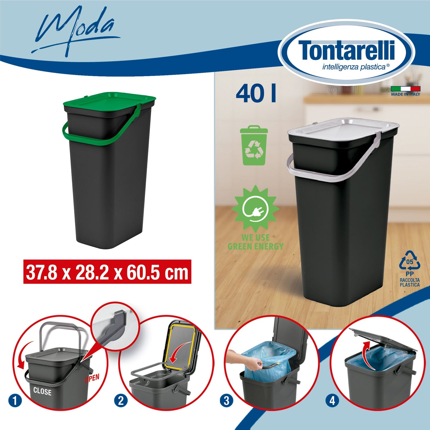 Papelera moda 40l Con Asa (cubo Negro-tapa Verde)_1