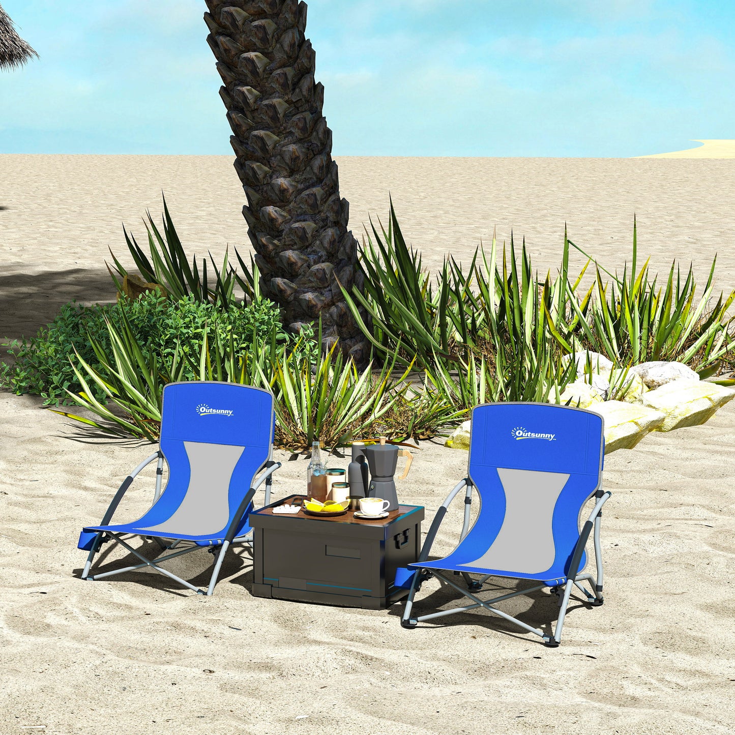 Outsunny Pack De 2 Sillas De Playa Plegables Ligeras Con Respaldo De Malla Azul_1