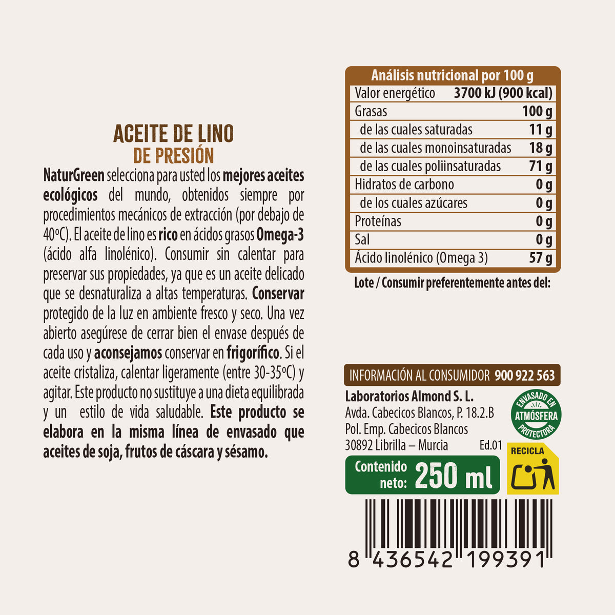 Aceite de Lino Bio envase PET NaturGreen 250 ml