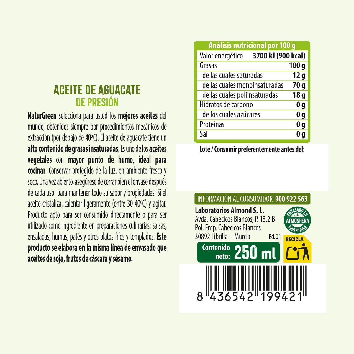 Aceite de Aguacate envase PET NaturGreen 250 ml