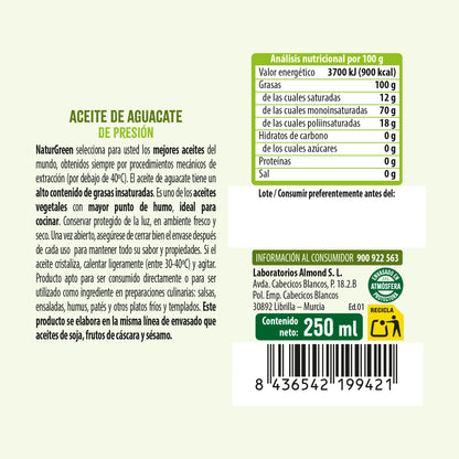 Aceite de Aguacate envase PET NaturGreen 250 ml