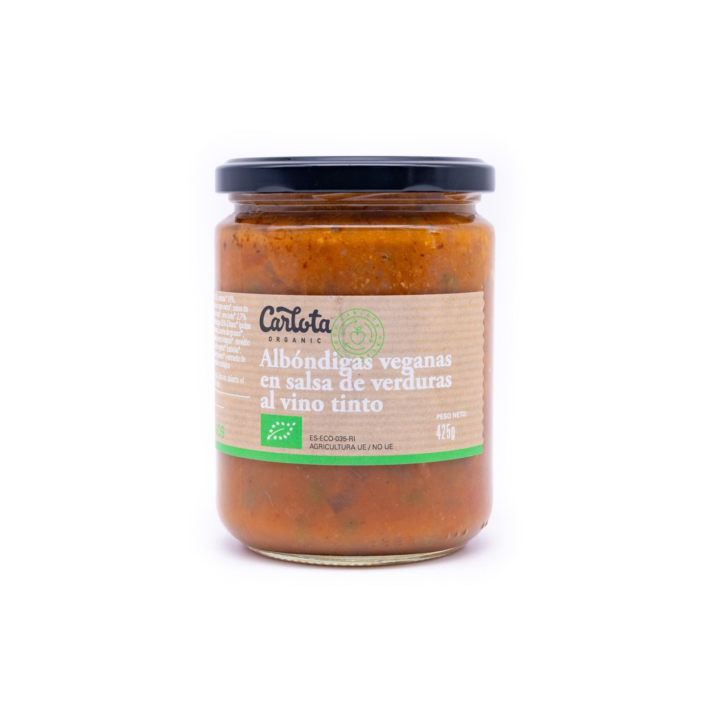 Almôndegas vegan em molho de legumes e vinho tinto Carlota Organic 425g